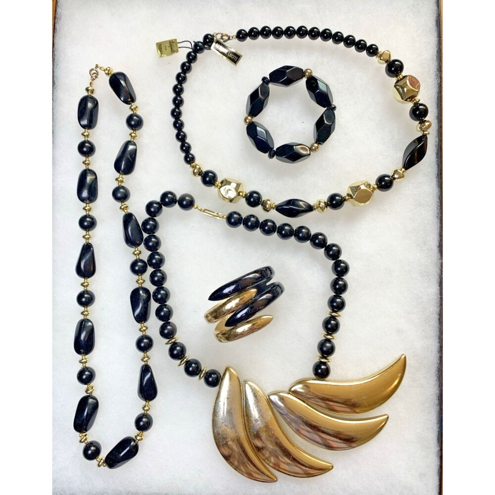 Vintage Jewelry Lot Gold Tone Black 80s Statement Lucite Laguna Necklace, Cuff